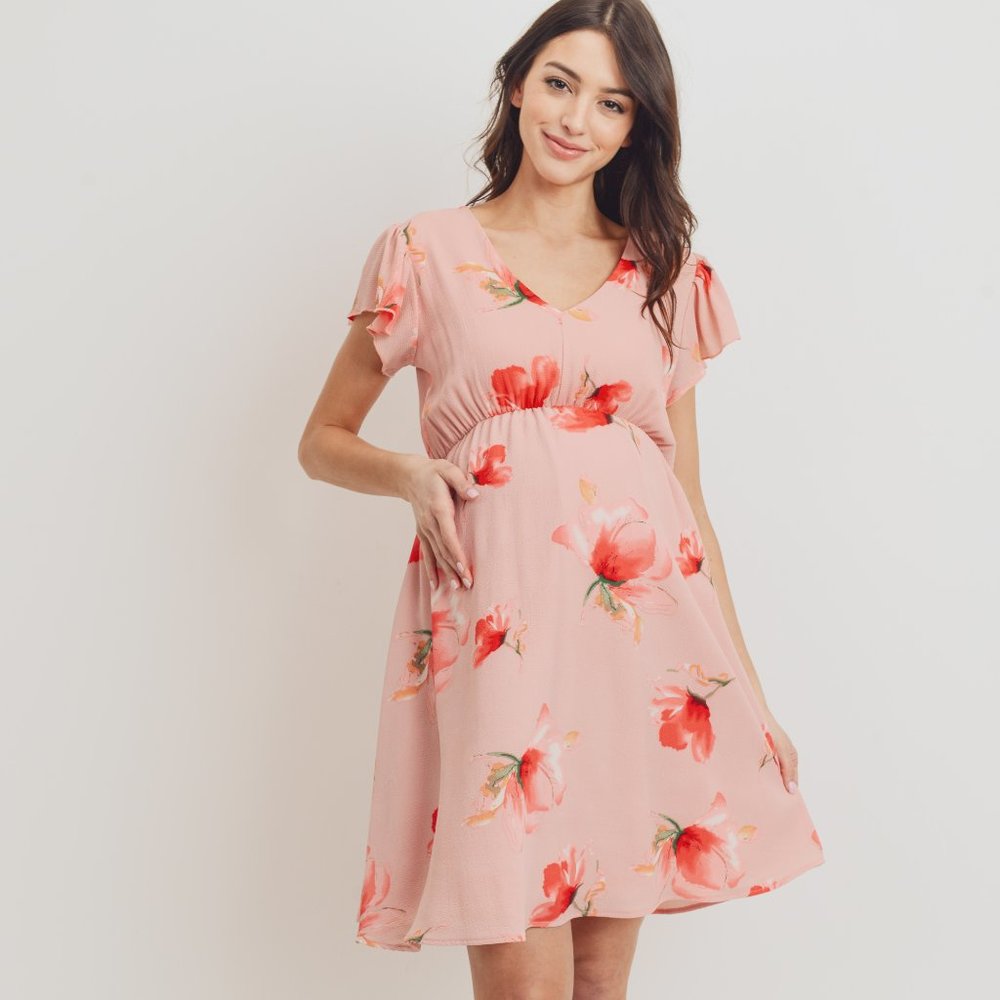 <CMD1997A> MAUVE FLORAL MATERNITY MINI DRESS